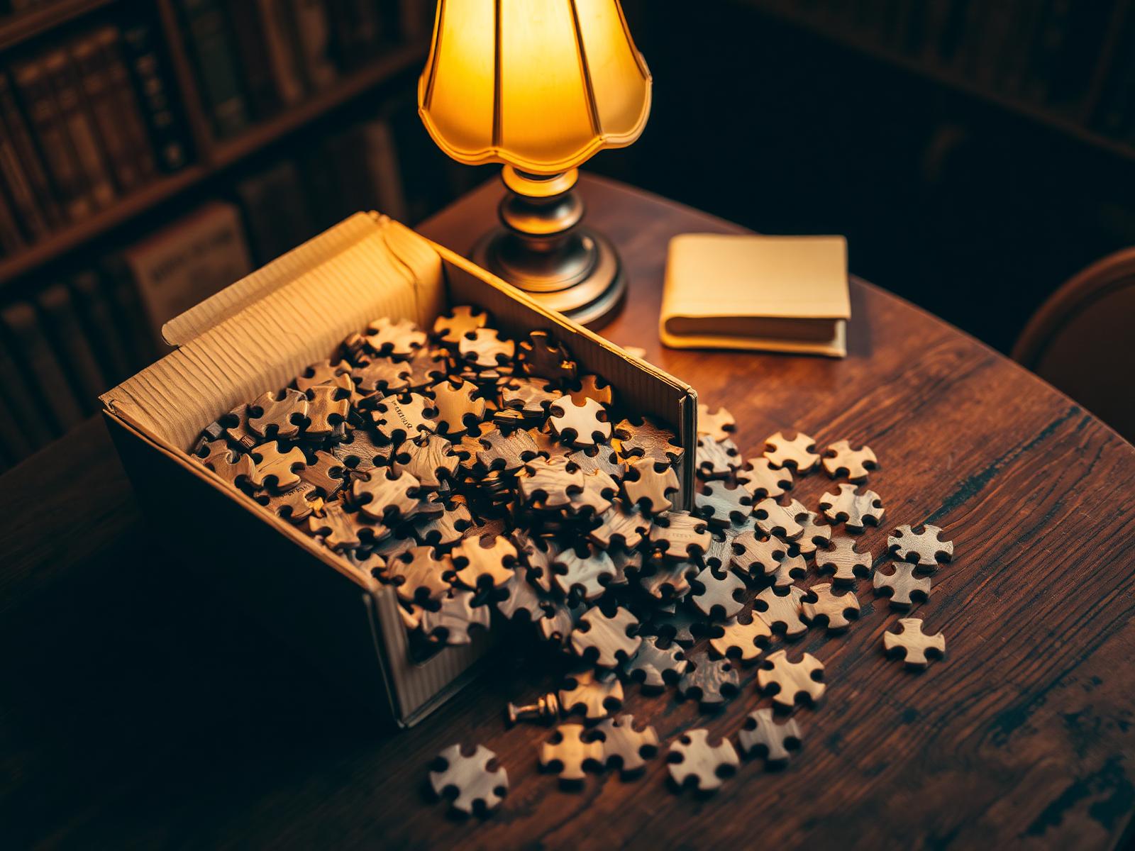 Wooden jigsaw pieces spilling onto a library table